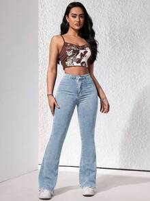 SHEIN ICON 休闲水洗修身喇叭牛仔裤 - 淺色水洗藍 - View 7