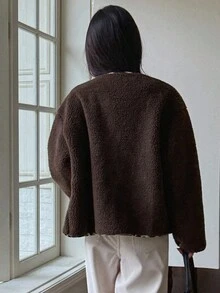 DAZY Cardigan oversize con bottoni in morbido tessuto, giacca da donna per autunno/inverno - Castano - Visualizzare 4
