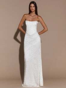 SHEIN BAE 白色优雅蕾丝边修身连衣裙，正式场合长裙，伴娘服，生日派对礼服