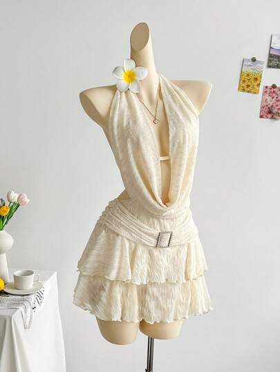 Soleia Sexy Draped Neck Backless Tie Strap Double Layer Hem Metal Buckle Decor Mini Dress, Suitable For Vacation, Music Festival, Bohemian, Holiday Date, Afternoon Tea, Cruise, Beach, Summer,Elegant Dress Women,White Dress For Civil Wedding ,Going Out Top ,Wedding Party Dress,Party Dress For Women,Elegant Party Dress,Christmas Dress ,Halloween Costume For Women, Winter Dress, Fall Women Clothes Cream Dress Halter Neck Dress Halter Dress Summer Dress Ruffle Dress,Party,Carnival