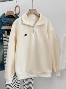 少女杏色休闲简约经典刺绣长袖针织半拉链领宽松套头衫，英伦印花，适合秋冬季 - 杏色 - 查看 8