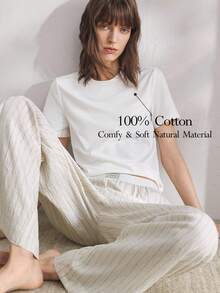 Ocili Bộ đồ ngủ bằng vải cotton thoải mái và quần ngủ bằng vải lanh mềm mại dành cho nữ - trắng - Xem 1