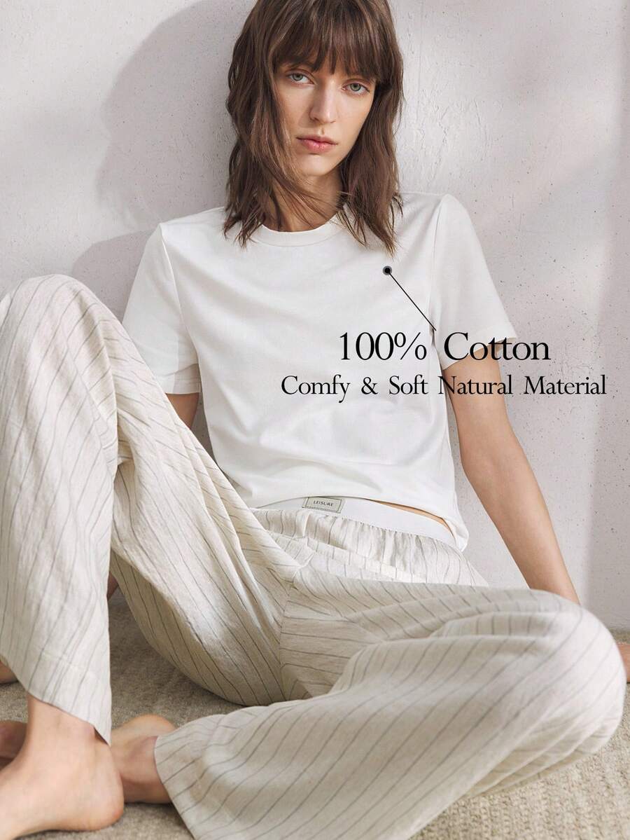 Ocili Bộ đồ ngủ bằng vải cotton thoải mái và quần ngủ bằng vải lanh mềm mại dành cho nữ - trắng - Xem 1