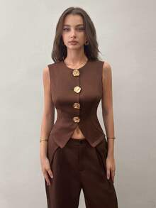 SHEIN Unity Women's Summer Sleeveless Casual Gold Button Blouse & Flowy Trousers - Brown - View 5