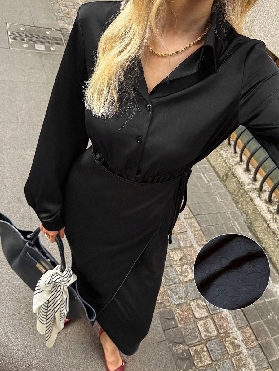 Elyressa 法式优雅派对缎面压花开襟秋季女士黑色长袖连衣裙 - 黑色 - 查看 1