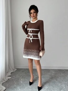 Selianne Women's Autumn/Winter New Bow Decor Design Flare Sleeve Round Neck Sweet Girly Pullover Knit Sweater Dress Fall Cloth For Women - Coffee Brown - View 4