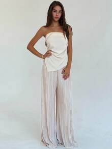 Aloruh Bộ 2 món áo sơ mi ôm sát xếp ly tối giản màu mơ + quần ống rộng xếp ly dài thêm cho nữ, thích hợp mặc đi làm và đi làm - Màu be - Xem 9