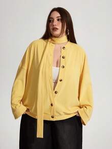 Enliva Karlangas.Toledo Plus Size Egg Yellow Cardigan Jacket, Matching Scarf Long Sleeve Jacket, Back To School, Button Up, Varsity Fall Coat For Women, Winter, CURVE PLUS, For Apple Rounded Body Shape