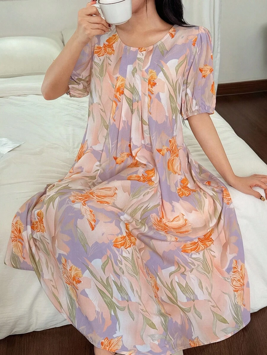 DAZY Floral Print Lightweight Women's Round Neck Short Sleeve Nightgown Pajama