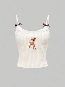 ROMWE Fairycore Y2K Cute Deer Embroidery Camisole + Allover Deer Print Knit Pants 2 Pieces Set - Beige - View 5