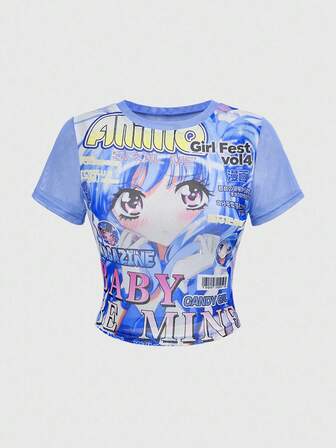 Damen sexy transparentes Anime-Charakter bedrucktes figurbetontes Kurzarmoberteil