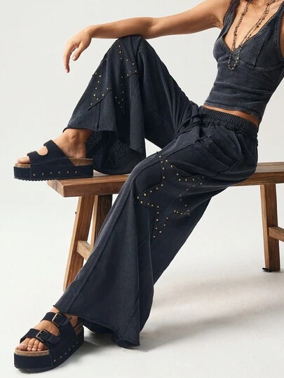 Bohemela Plus Size Women Drawstring Waist Pockets Five-Pointed Star Patch Wide Leg Loose Pants