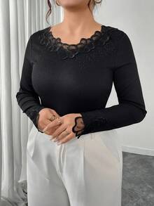 Modelyn 女式V领长袖刺绣水钻装饰优雅百搭加大码T恤 - 黑色 - 查看 1