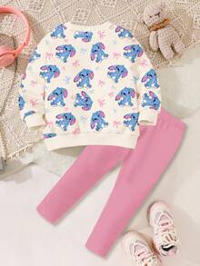 SHEIN 2pcs/Set Cream White & Rose Pink, Cute Cartoon Blue Rabbit Lulu, Bow, Stitch Pattern Young Girl Casual Soft Crew Neck Long Sleeve Sweatshirt And Leggings Autumn/Winter Outfit Fall