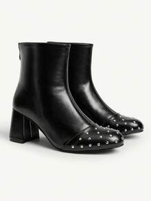 CUCCOO CHICEST Winter New Black Pointed Toe Rivet Side Zipper Chunky Heel Suede Ankle Boots & Ankle Boots For Women - Black - View 1