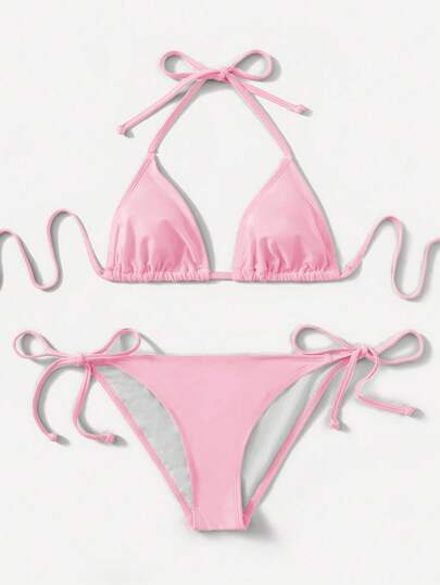 SHEIN Swim Women's Simple Solid Color Knotted Halter Split Bikini Swimsuit, Suitable For Beach Vacation, Summer