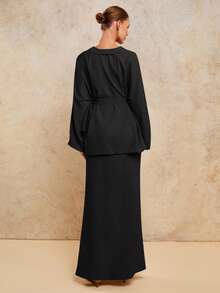 COSMINA Set elegant de două piese lungi cu curea pentru femei, început de toamnă - Negru - Vizualizare 2