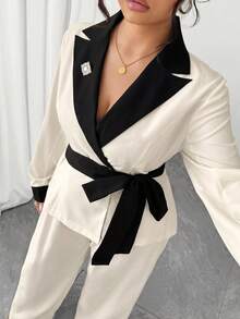 Elenzga 大码女式时尚撞色优雅长袖翻领夹克和裤子套装，两件套