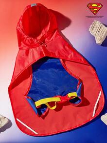 SUPERMAN X PETSIN 1pc Red Hooded Rain Poncho For Dogs, Pet Outdoor Raincoat
