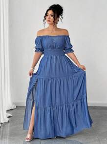 Auvina Đầm Maxi giản dị thanh lịch xẻ tà bên hông, màu xanh trơn giả denim cho nữ cỡ lớn mùa xuân/hè - Màu xanh lam - Xem 8