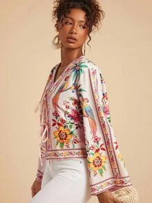 Travachic Áo sơ mi dài tay thường ngày in họa tiết hoa và vẹt buộc phía trước dành cho nữ, phong cách Boho nhiệt đới thường ngày dành cho nữ, mùa thu dành cho nữ, mùa thu sang trọng, đi chơi, thanh lịch, phong cách đồng quê dành cho nữ - Hồng - Xem 4