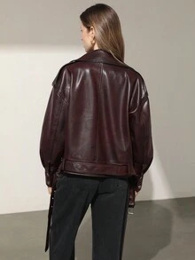 Aveloria Modichic Women's Fashionable Versatile Distressed Effect Metal Zipper Faux Leather Motorcycle Jacket - Burgundy - View 2