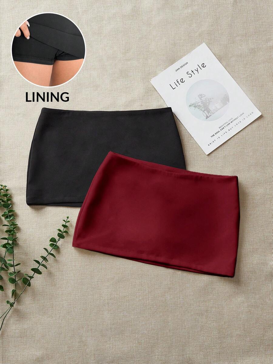 SHEIN PETITE 2 件女士休闲通勤纯色低腰迷你裙，百搭 - 彩色 - 查看 1