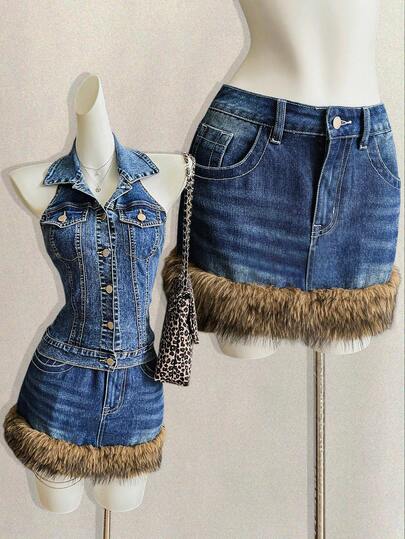 Attitoon Women's Patchwork Faux Fur Denim Mini Skirt,Fall Clothes For Women,Autumn Skirt,Going Out Skirt Women,Y2k Clothes,Y2k Clothes Women,Goth Clothes,Gyaru Skirt