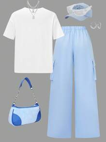 2 件套青少年女孩休闲字母印花圆领短袖 T 恤和工装裤，夏季 - 藍白色 - 查看 2