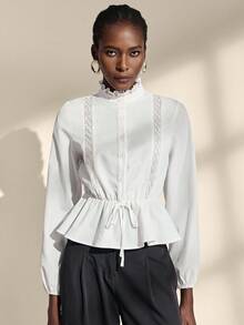 Almamuse Koszula damska z długim rękawem i wiązaniem w talii, niebieska, z podwójnym dołem - Biały - Zobacz 6