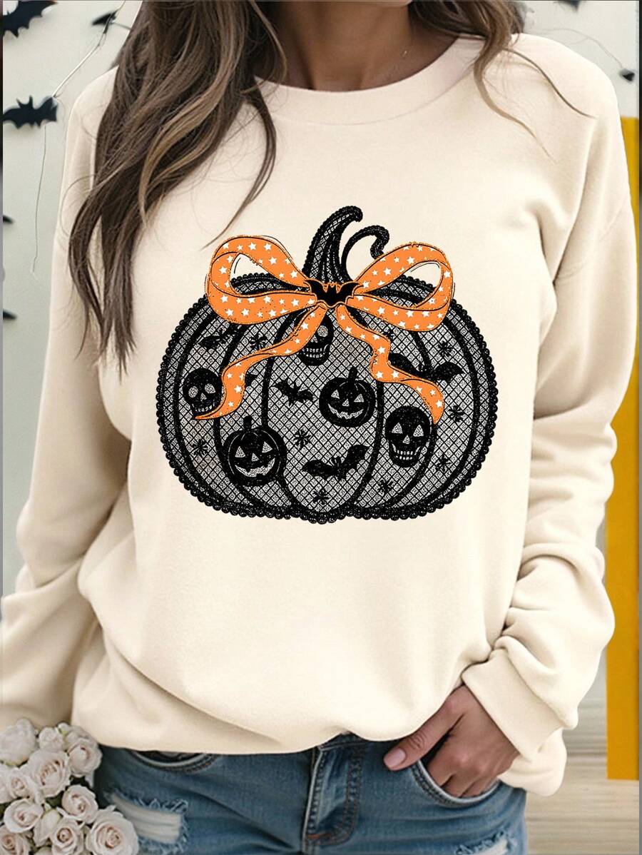 EMERY ROSE 大码万圣节南瓜印花圆领长袖羊毛运动衫