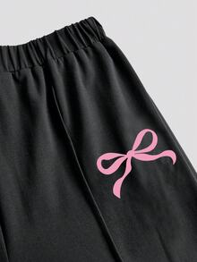 SHEIN Girlism 2 件套青少年女孩休闲宽松插肩袖圆领图案 T 恤和短裤套装，轻质针织套头衫和抽绳短裤，适合日常穿着、返校、假期、户外活动、春季 - 黑色 - 查看 7