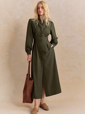 Écloséra Elegant And Fashionable Waist Collar Design Deep V-Neck Placket Shirt Dress Elegant Dress Winter Clothes Women's Autumn Dress Women's Winter Dress Business Urban Elegant Outing Elegant Dress Fall Cloth For Women