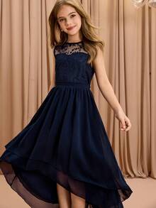 Girls' Sleeveless Lace Chiffon Dress, Big Tween Girl Long Chiffon Sister Dress, Holiday Party Princess Gown - Blue - View 1