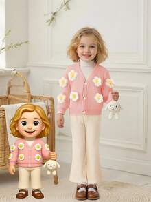 Young Girl Vacation Style Floral Decor Long Sleeve Cardigan Top And Flare Pants Set, Back To School Autumn/Winter - Pink - View 3