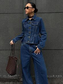 DAZY Women's Blue Regular Shoulder Long Sleeve Fashion Front Button Denim Suit - Blue - View 4