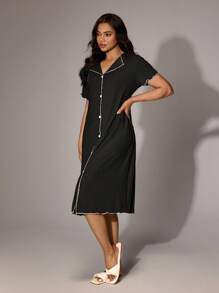 Lazeform Two-Tone Trimmed Black Jacquard Knit Collar Short Sleeve Robe - Black - View 5