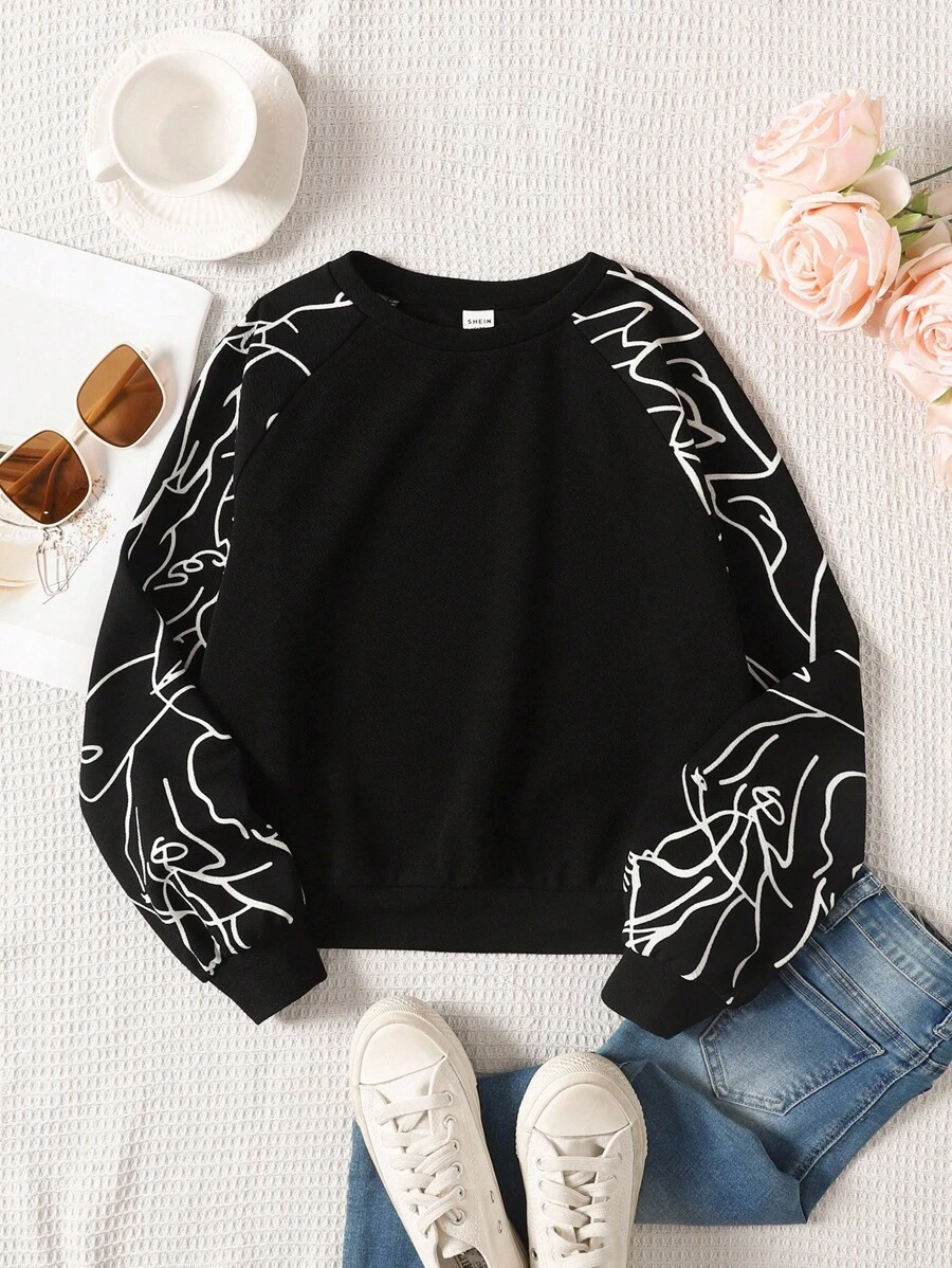 SHEIN Áo nỉ dài tay cổ tròn phong cách đường phố thể thao cho bé gái - màu đen - Xem 1