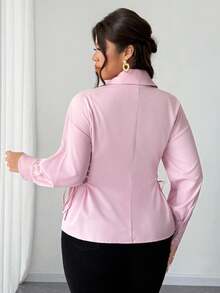 Viva Relle Plus Size Women Elegant Solid Color Side Cross Tie Design Collar Versatile Long Sleeve Blouse - Pink - View 3