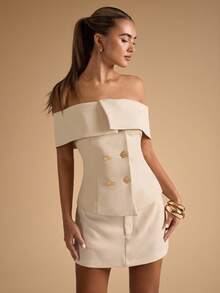SHEIN BAE 女士纯色露肩双排扣时尚优雅西装外套 - 米色 - 查看 4