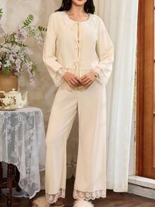 法式彼得潘领优雅长袖和裤子女士睡衣套装，秋冬蕾丝睡衣套装女士家居服套装女士睡衣女士蕾丝家居服套装，秋季服装 - 黃色 - 查看 3