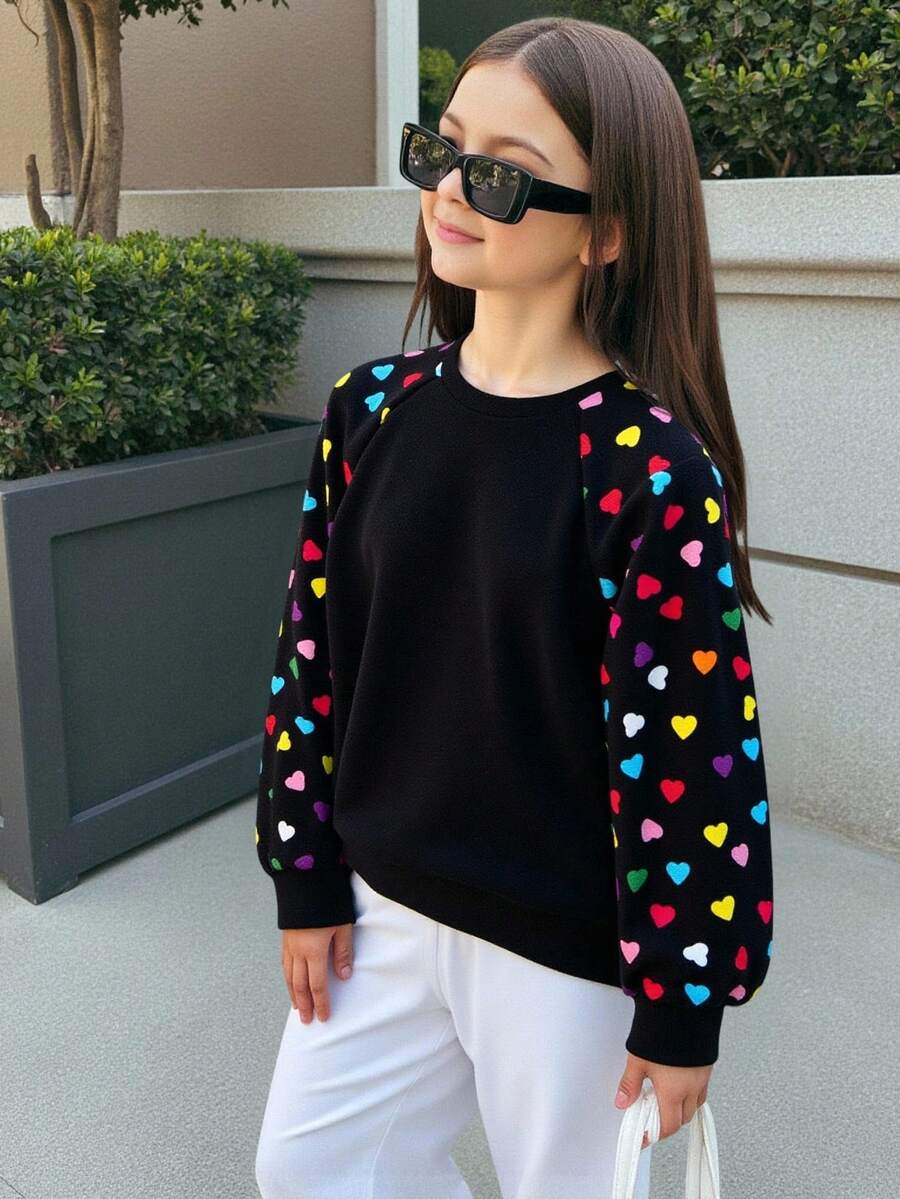 Firerie Kids Firerie Kids Tween Girl Sporty Street Style Tricotat Inimă Print Gât Rotund Hanorac Mânecă Lungă
