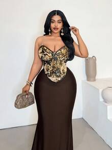 Maweii Plus Size Women's Spring/Summer New Year Contrast Color Tie Front Avant-Garde French Casual Young Chic Fashion Knit Elastic Versatile Undershirt Dress, Sexy Formal Party Dress, Sexy Crop Top, Sexy Jumpsuit, Sexy Transparent Off-Shoulder Fitted Solid Color Dress - Coffee Brown - View 3