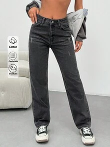 EURMUSE Pantalón vaquero recto de tiro alto y lavado casual - Negro - Ver 6