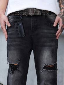 Manfinity EMRG Men's Casual Distressed Zip Ankle Denim Jeans Men S Black Ripped Jeans Ripped Jeans For Men, Grunge - Black - View 4