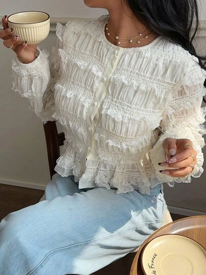 Serisse Women's Solid Color Round Neck Short Front Button Ruffle Hem Fashion Shirt,Women's Elegant Chiffon Contrast Lace Apricot Blouse Tops For Women Fall/Winter Tops White Top,Graduation,Teacher For Women,Back To School,Elegant Women's Blouses Casual Spring