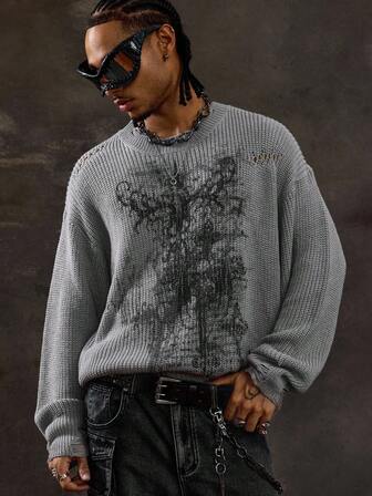 Goth Jersey casual de cuello redondo de punto con hombros caídos, estampado gráfico y detalles desgastados para hombre