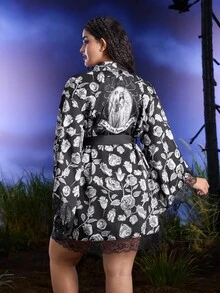 Corpse Bride X SHEIN Plus Size Women Dark Horror Cartoon Figure & Floral Print Contrast Lace Trim Belted Robe, Fall - Black - View 1
