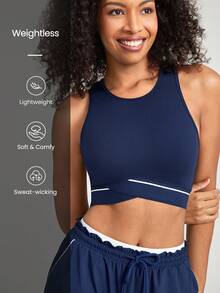 GLOWMODE Sleeveless Contrast Striped Racerback Cropped Sports Tank Low Impact Yoga Studio Gym Daily Summer - Navy Blue - View 5