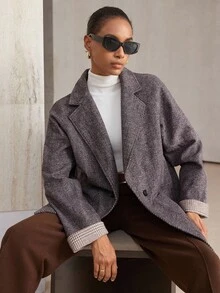 Aveloria Modichic Damen Loose Fit Mittellange Fischgrät Kontrast Manschette Regular Jacke, Herbst/Winter - Verschiedenfarbig - Übersicht 2